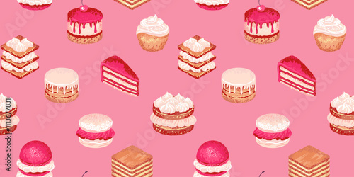 Playful seamless pattern featuring various delicious desserts like cakes, background. Design for wrapping paper, bakery packaging, fabric designs, and cafe decor.