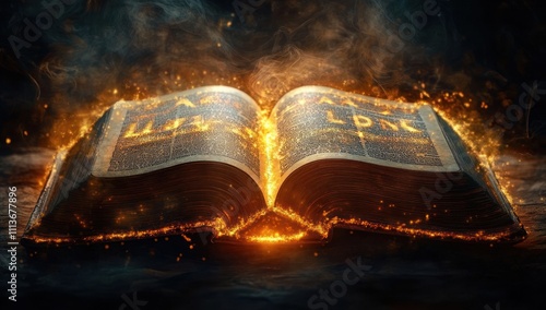 Open Bible with Glowing Pages Illuminated in Baroque Style for Bible Study and Presentation