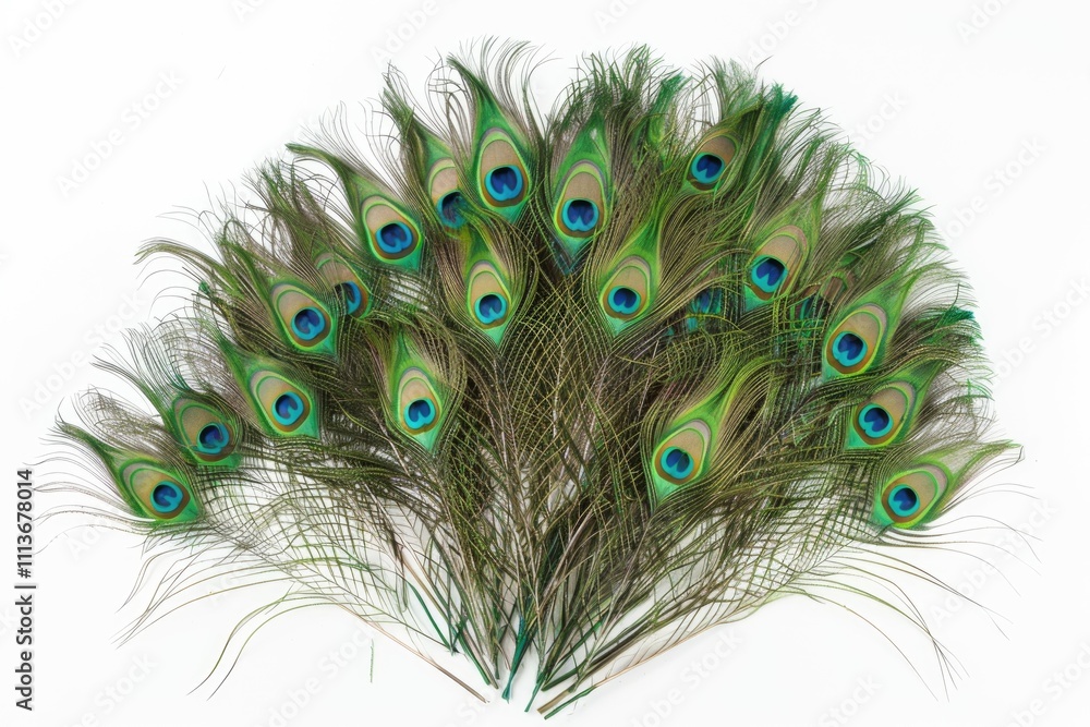 Obraz premium Green peacock feathers arranged in arc on white background