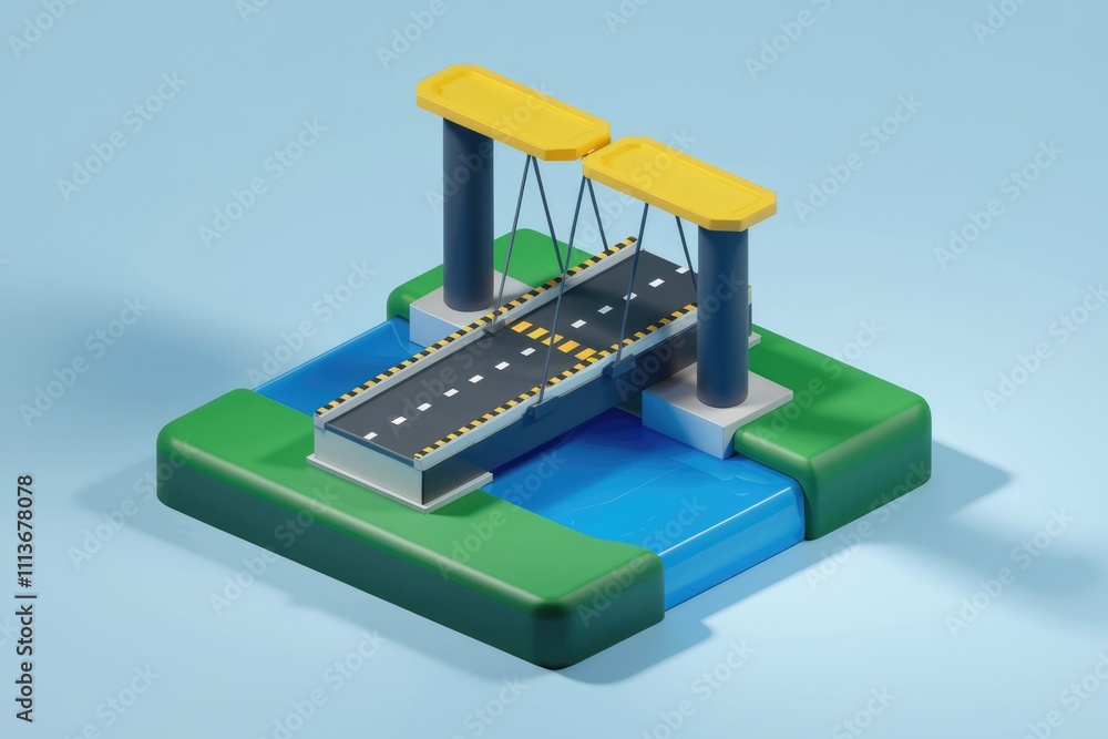 A 3D model of a yellow bridge with a road crossing a river A 3D model of a yellow bridge with a road crossing a river