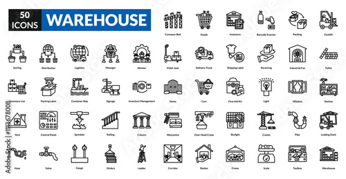 Warehouse line icon collection set. Includes storage, logistics, inventory, shipping, pallet, forklift, supply, distribution, crate, loading, goods, container, packaging, shelves, depot
