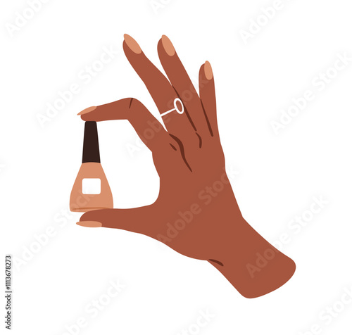 Hand holding nail polish bottle. Female finger with elegant neat manicure. Presenting, showing decorative varnish, paint, beauty product. Flat vector illustration isolated on white background