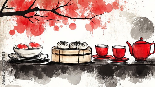 Elegant Chinese Dim Sum Illustration with Tea Set