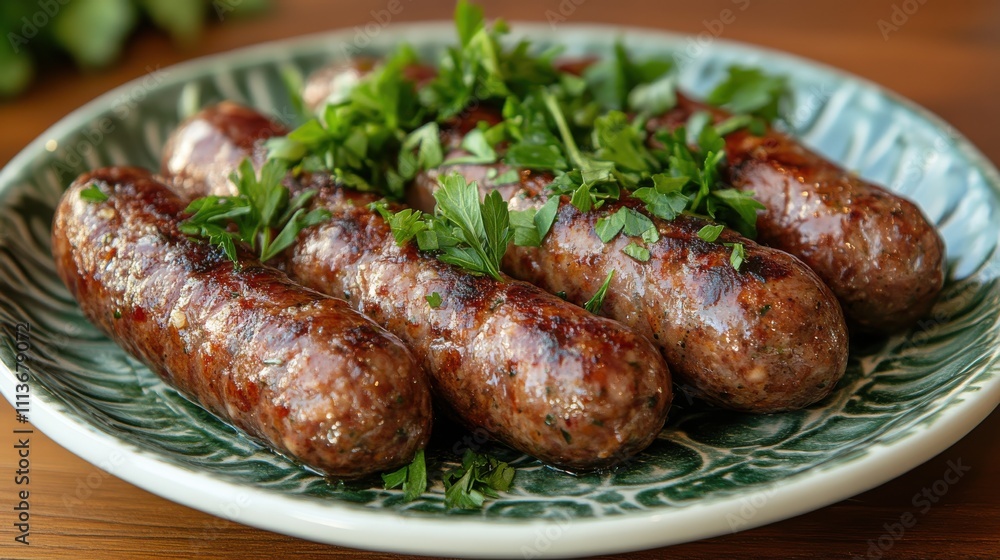 a plate of sausages with parsley on it a plate of sausages with parsley on it