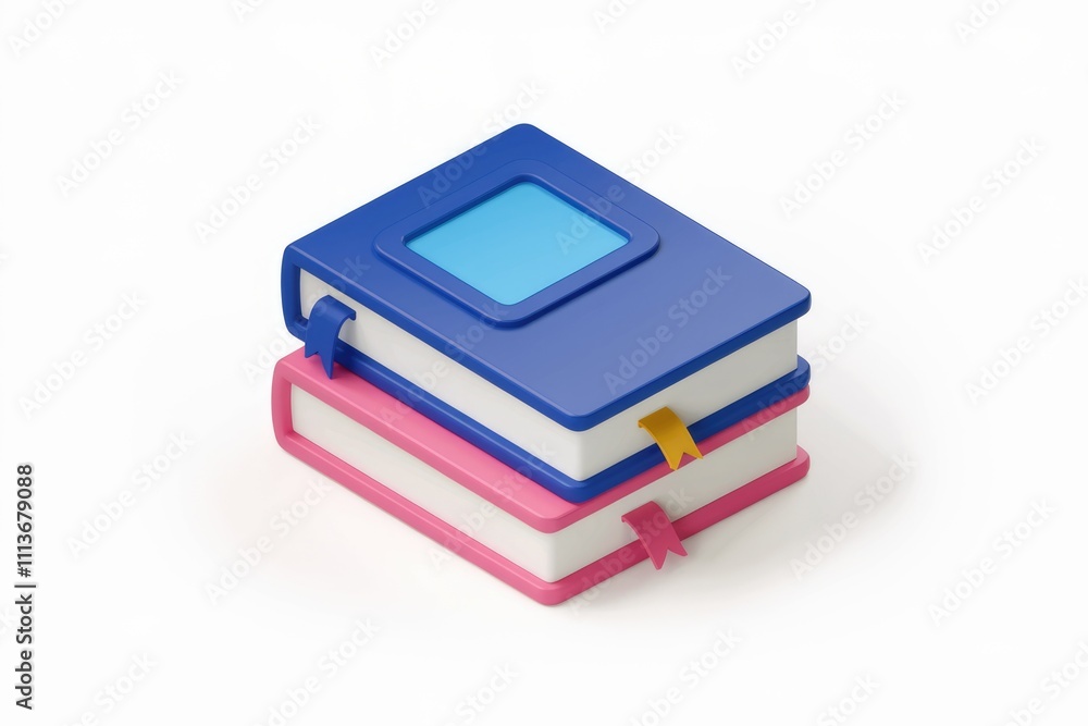 Two colorful books stacked with white pages and bookmarks