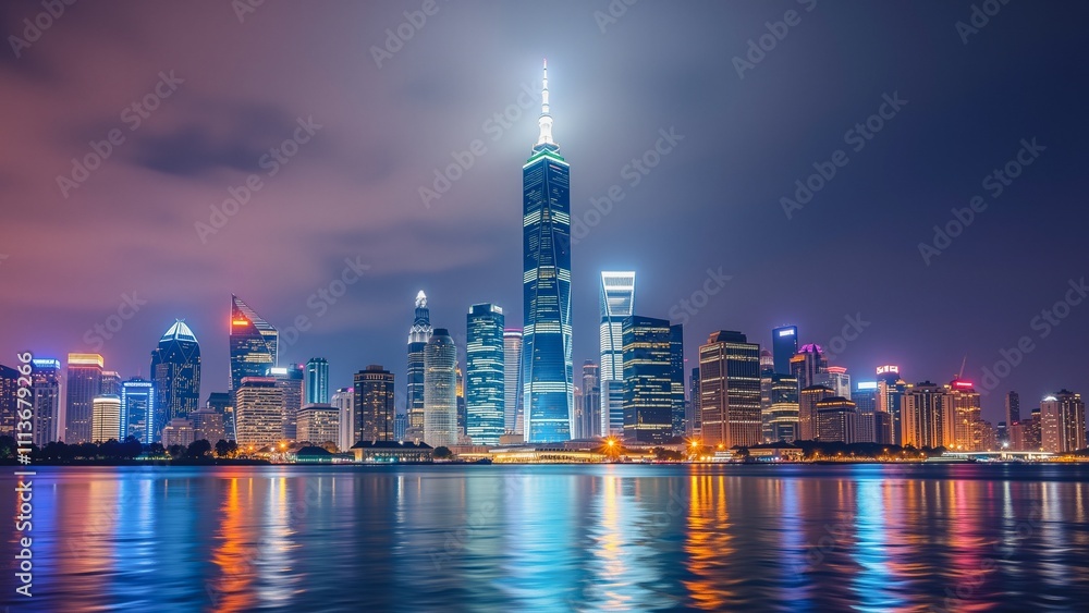 Obraz premium City Lights Reflection Nighttime Urban Skyline Panorama, A panoramic view of a bustling city skyline at night, with illuminated skyscrapers reflected in the calm water below.
