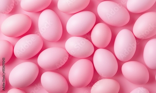 Pink eggs arranged on pink background, various sizes and shapes, smooth texture, vibrant color, playful aesthetic