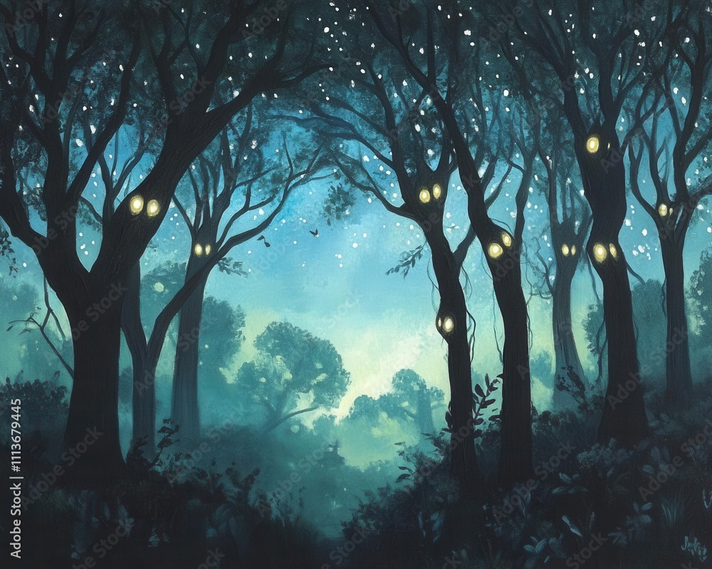 A serene forest scene under a starlit sky, with faint glowing eyes peeking from the shadows, creating a sense of mystery A serene forest scene under a starlit sky, with faint glowing eyes peeking from the shadows, creating a sense of mystery