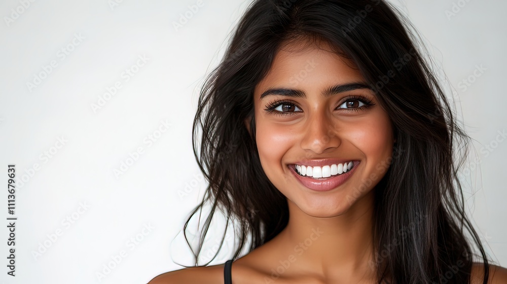 Close-up portrait of a smiling young woman with long dark hair and bright white teeth against a white background. Close-up portrait of a smiling young woman with long dark hair and bright white teeth against a white background.