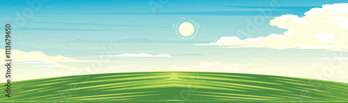a view of undulating green hills stretches under a bright blue sky.