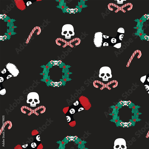 Christmas creepy seamless pattern with skull, stoking,wreath,candy. Vector creepmas pattern eps.