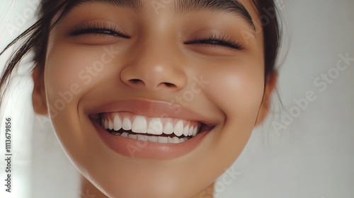 Close-up portrait of a young woman with a bright, joyful smile, showcasing healthy teeth and glowing skin.