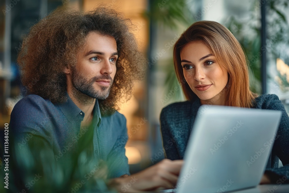 Professional Business People Discussing Over Laptop in Modern Office Setting with Natural Light Professional Business People Discussing Over Laptop in Modern Office Setting with Natural Light
