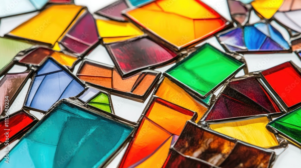 A heap of stained glass pieces in bold, colorful patterns, displayed on a bright white background in close-up. A heap of stained glass pieces in bold, colorful patterns, displayed on a bright white background in close-up.