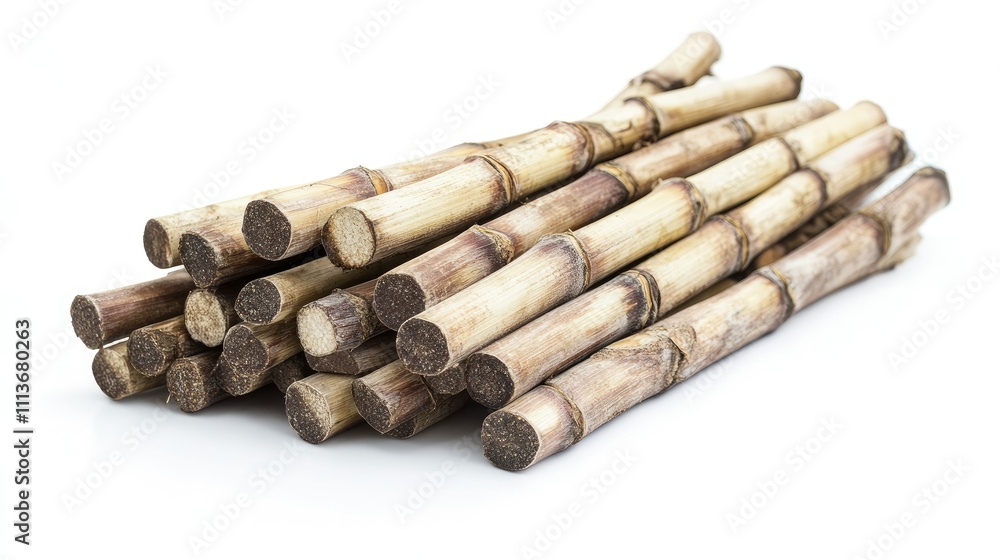 A heap of sugarcane stalks, earthy tones in focus, resting on an untextured white background A heap of sugarcane stalks, earthy tones in focus, resting on an untextured white background