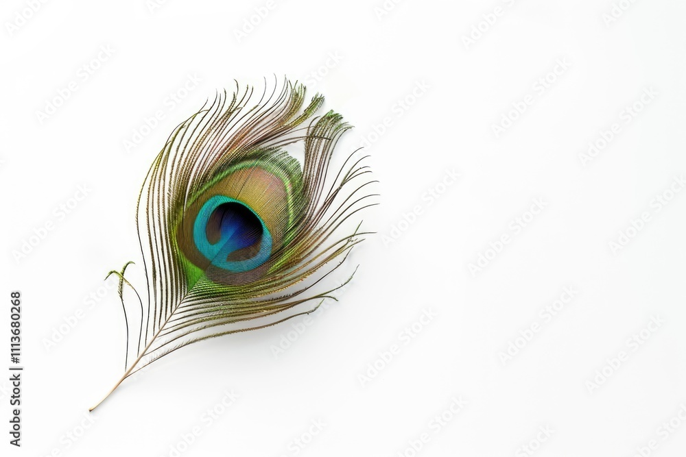 Fototapeta premium Exotic peacock feather on white background. Tropical royal style.