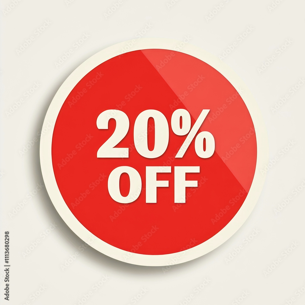 Red circular sticker with 20 percent off discount on a beige background for retail promotion