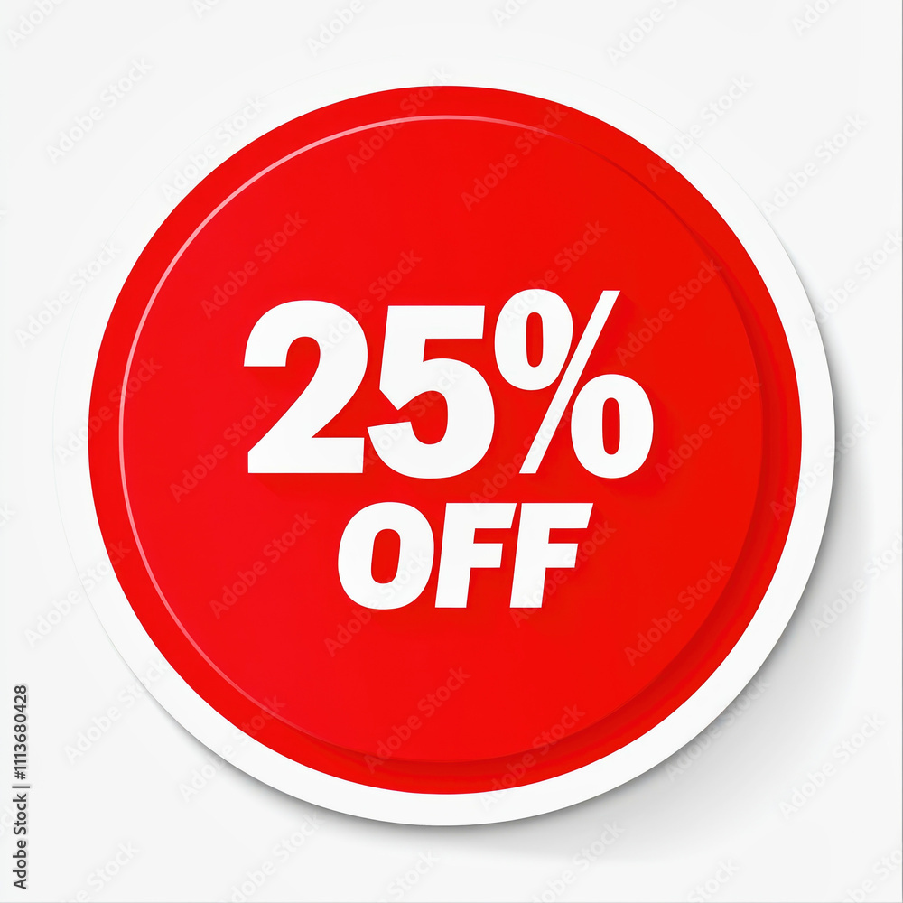 Red sticker design displaying 25% off in bold white letters on a minimalistic background Red sticker design displaying 25% off in bold white letters on a minimalistic background