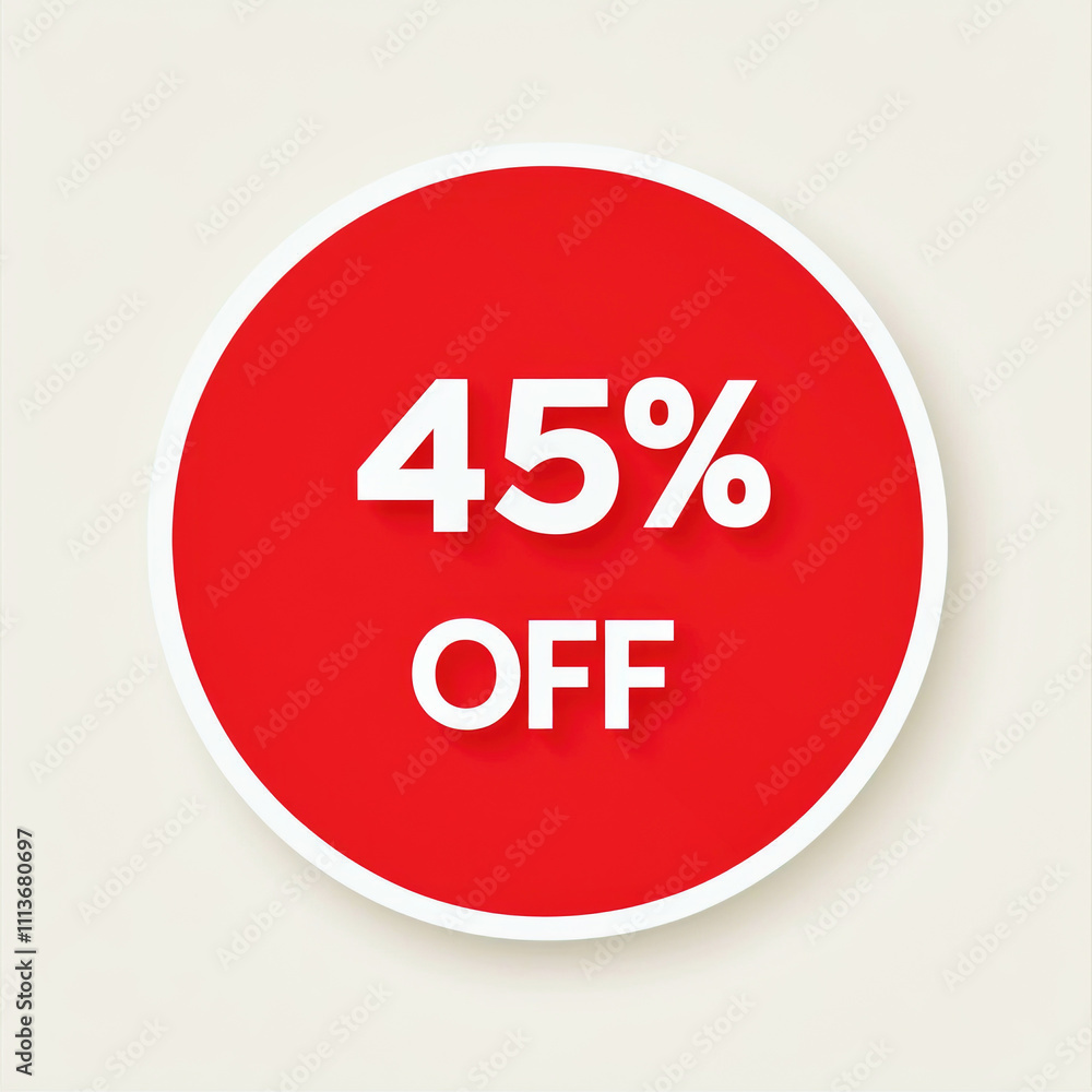 A red sticker prominently features the text 45% OFF in white, set against a simple beige background A red sticker prominently features the text 45% OFF in white, set against a simple beige background