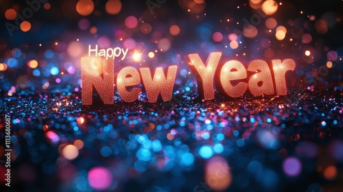 Happy New Year greeting on sparkling glitter background.