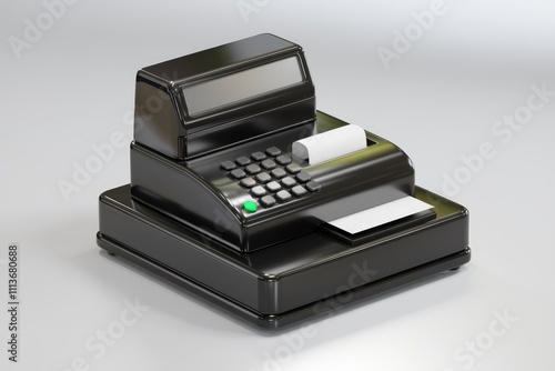 Black cash register with a receipt printer and display. photo