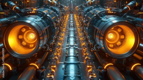 Futuristic symmetrical engine room with glowing orange components and metallic textures.