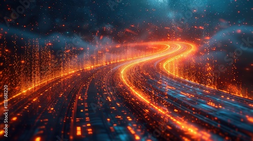 Glowing fiery road curves through digital space, abstract technology concept.