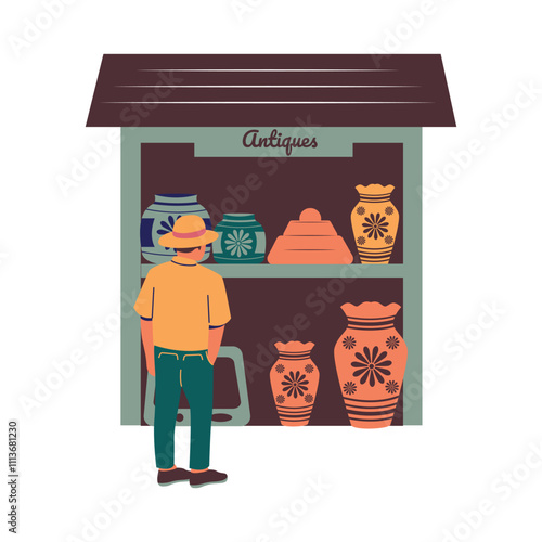 Illustration of a Man looking at Antiques