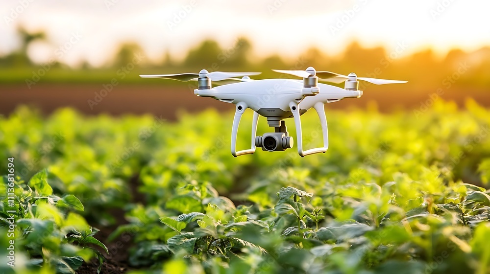 Drone Flying Over Lush Green Field at Sunset Drone Flying Over Lush Green Field at Sunset