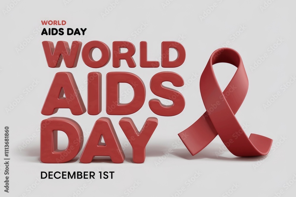 World AIDS Day 3D red text and ribbon December 1st. World AIDS Day 3D red text and ribbon December 1st.