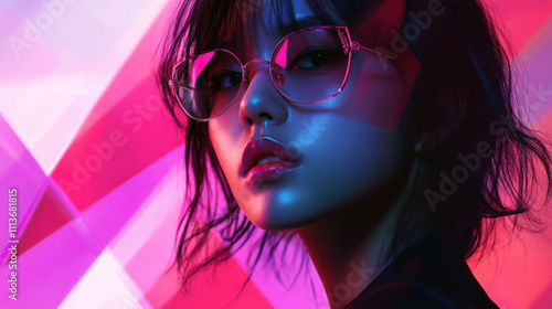 Stylish Asian model with glasses striking dramatic pose against vibrant colors. image captures captivating expression and modern aesthetic