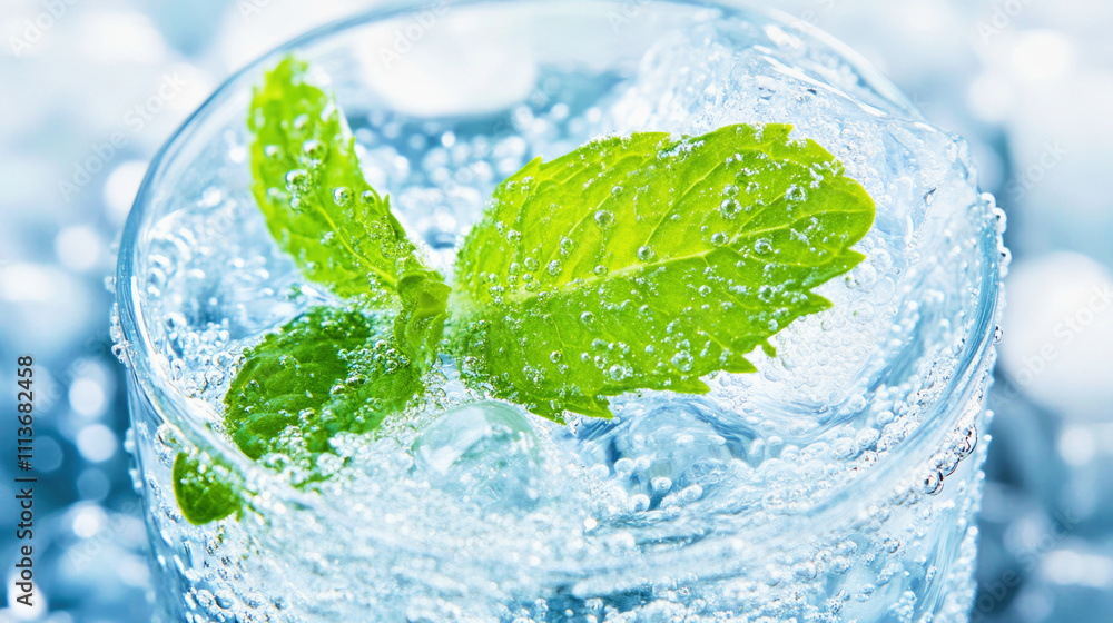 Refreshing glass of mineral water with mint leaves and ice cubes in a bright setting Refreshing glass of mineral water with mint leaves and ice cubes in a bright setting