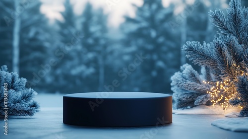 Black round podium in winter forest setting, frosted trees and lights. photo