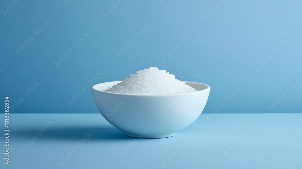 A white bowl full of white salt on a blue background. A white bowl full of white salt on a blue background.