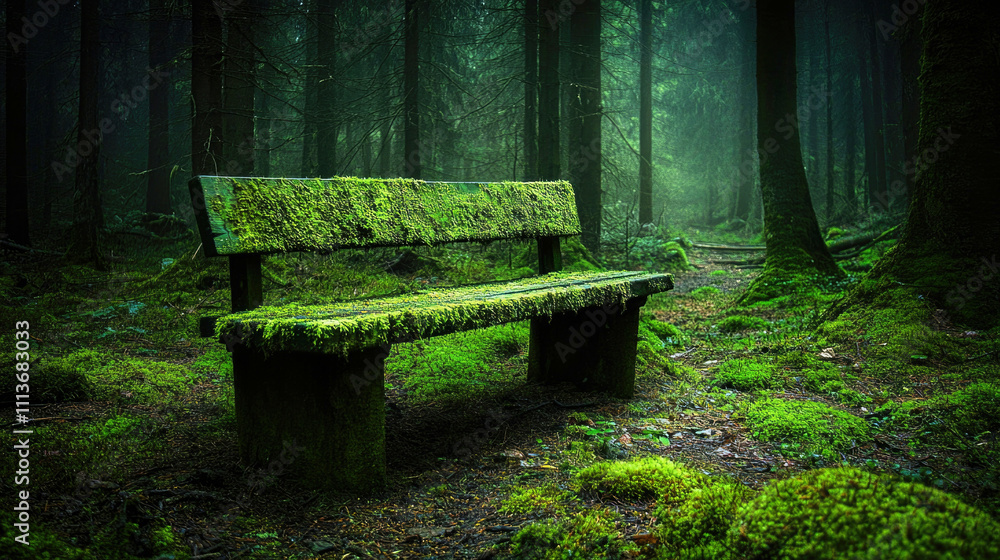 Moss-covered wooden bench nestled in a dark, shadowy forest Moss-covered wooden bench nestled in a dark, shadowy forest