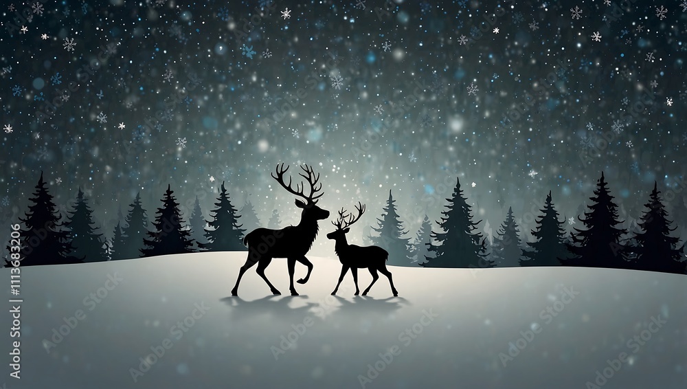 Snowy winter landscape. Christmas background. Tree silhouettes and deer are outlined with dark blue. Modern image. Snowy winter landscape. Christmas background. Tree silhouettes and deer are outlined with dark blue. Modern image.