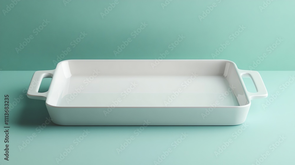 A white baking dish with handles sits on a teal background. A white baking dish with handles sits on a teal background.