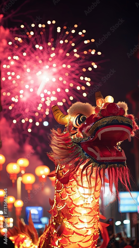 Fototapeta premium Vibrant Chinese Dragon Dance with Fireworks