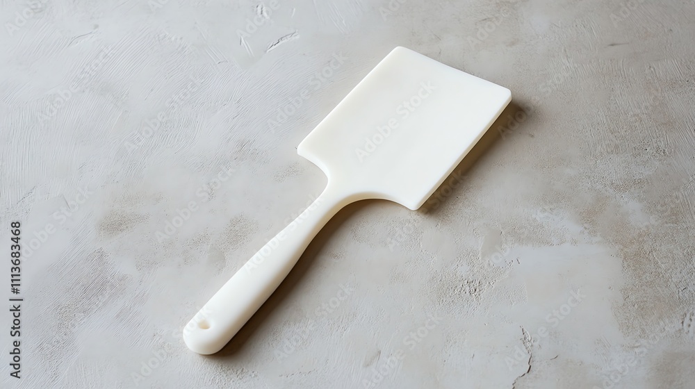 A white spatula with a wooden handle on a textured white surface. A white spatula with a wooden handle on a textured white surface.