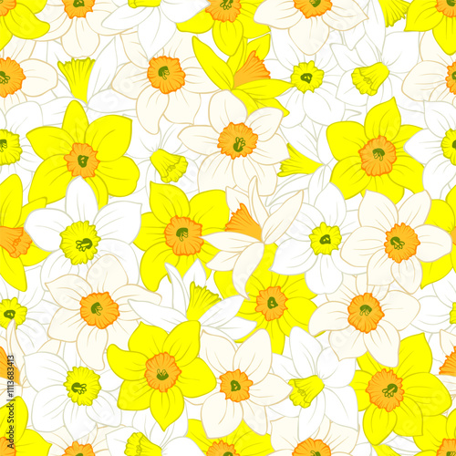 Seamless pattern with bright yellow and white daffodils or narcissus. Colorful baby print with flowers of cartoon design. Vector illustration for spring and summer fabric, wallpaper or wrapping paper. photo