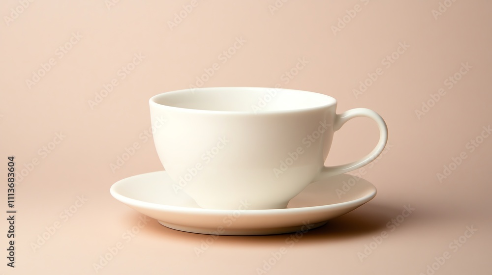 A simple white teacup and saucer on a pink background. A simple white teacup and saucer on a pink background.