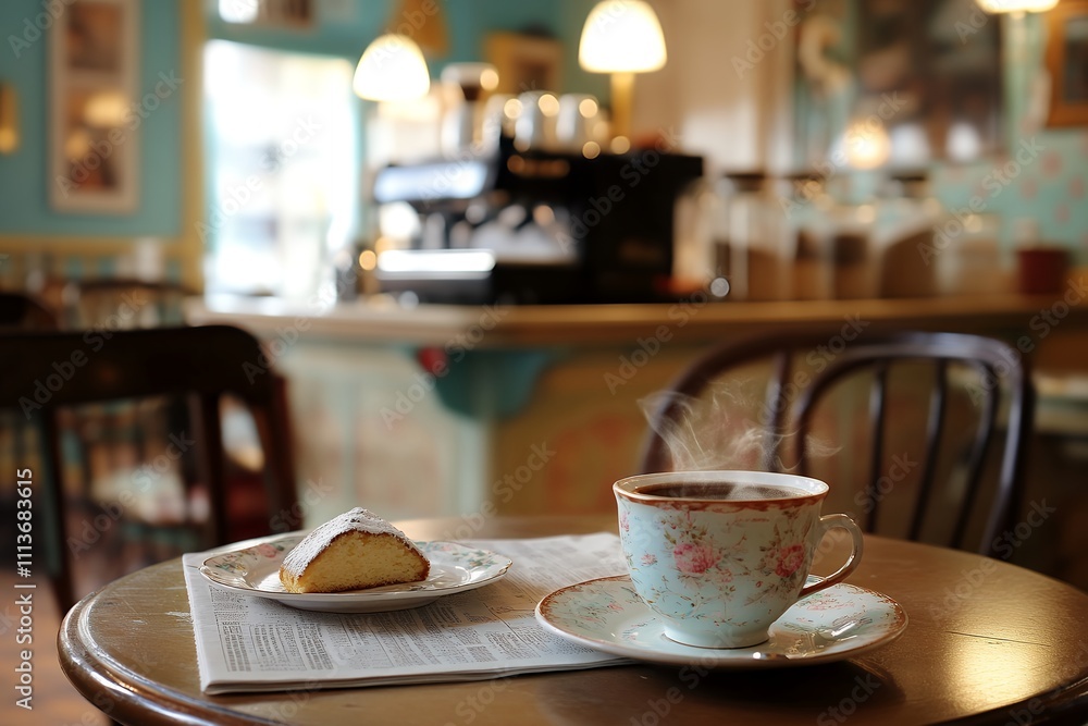 アンティーク調のカップに注がれたコーヒーと焼き菓子が並ぶ穏やかなカフェの一角 | Serene café corner with coffee in an antique-style cup and a pastry アンティーク調のカップに注がれたコーヒーと焼き菓子が並ぶ穏やかなカフェの一角 | Serene café corner with coffee in an antique-style cup and a pastry