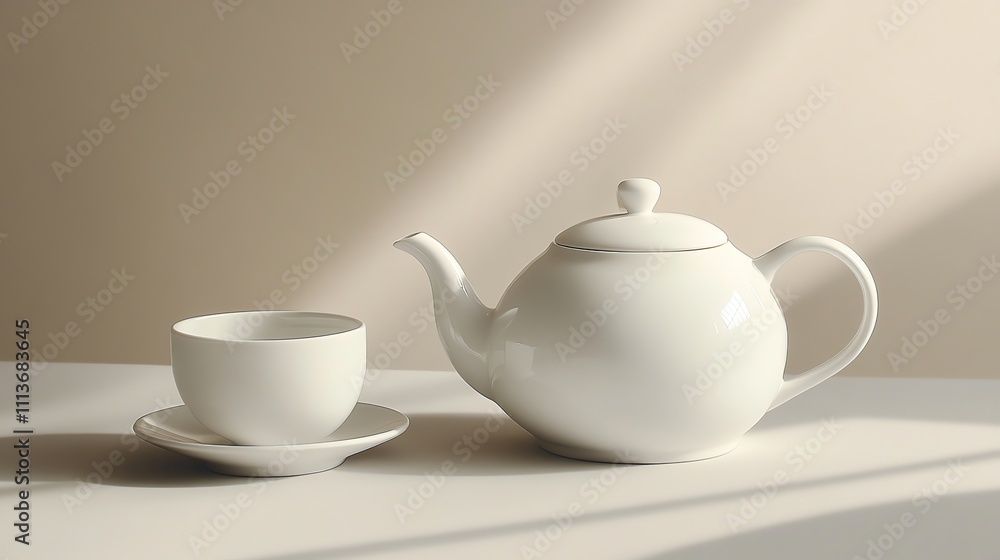 A white teapot and cup on a white counter. A white teapot and cup on a white counter.