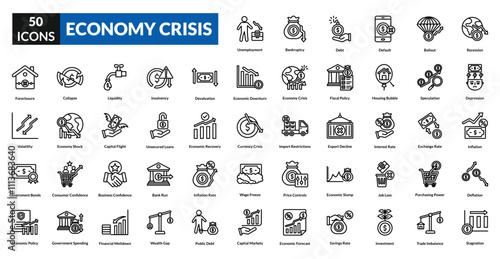 Economy crisis line icon collection set. Includes recession, downturn, unemployment, inflation, poverty, debt, collapse, deflation, shortage, bankruptcy, instability, crisis, loss, devaluation