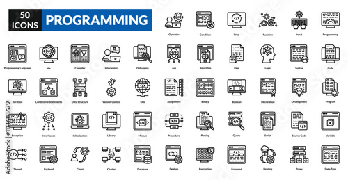 Programming line icon collection set. Includes code, algorithm, software, development, logic, script, compiler, debug, syntax, function, variable, loop, database, framework, api