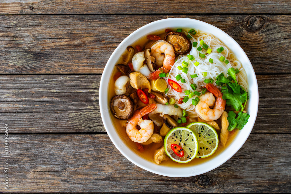 Yunnan hot pot - Chinese soup with chicken breast and shrimps on wooden table Yunnan hot pot - Chinese soup with chicken breast and shrimps on wooden table
