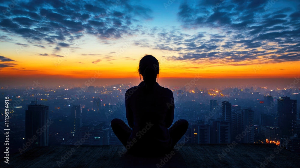 Contemplative silhouette of a businesswoman overlooking the city at sunrise for future planning Contemplative silhouette of a businesswoman overlooking the city at sunrise for future planning
