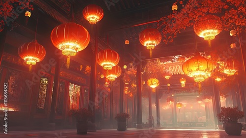 Enchanted Chinese Palace Hallway with Glowing Lanterns