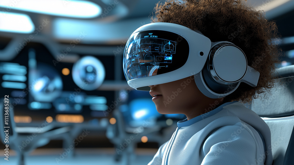 Child interacting with an educational VR experience in a classroom Child interacting with an educational VR experience in a classroom