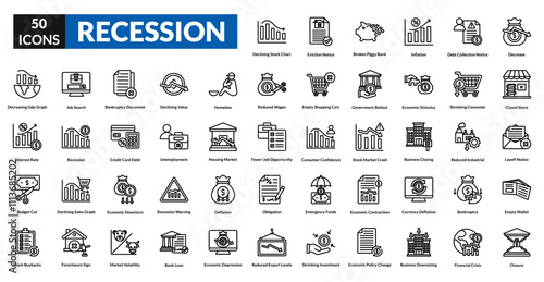 Recession line icon collection set. Includes crisis, unemployment, inflation, downturn, poverty, savings, bankruptcy, decline, debt, layoffs, budget, uncertainty, economy, deficit